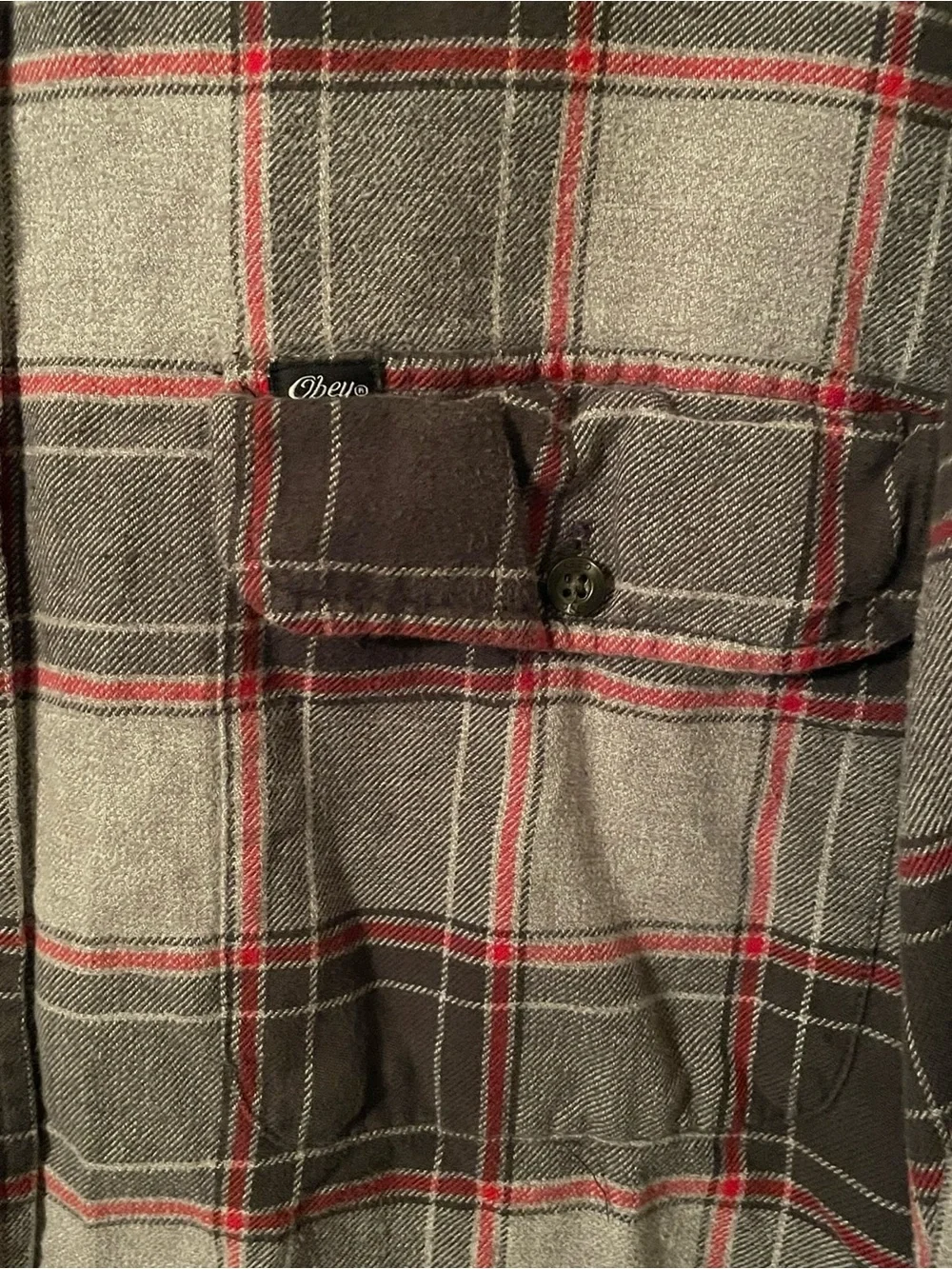 Obey Worldwide Men's Gray Red Double Pocket Plaid Button Up Shirt Top Size XL